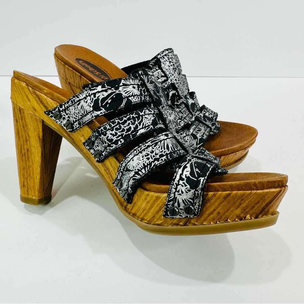 ULTRA RARE DR SCHOLL’S 3” SIZE 6 PLATFORM SANDALS BLACK WITH SILVER PATTERN - Picture 8 of 9
